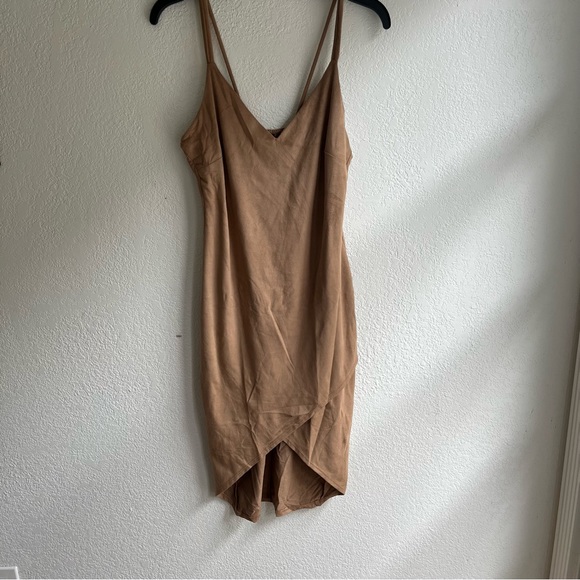 Suede Wrap Front Dress Spaghetti Straps Tan Taupe - Picture 1 of 9